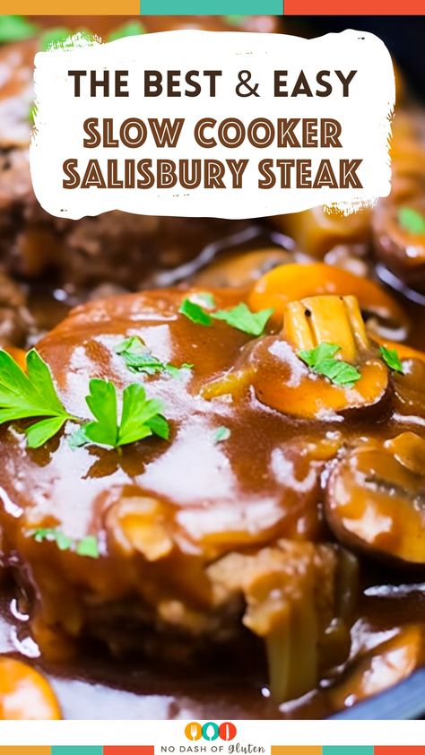 Discover the ultimate comfort food: Slow Cooker Salisbury Steak. Tender beef patties in rich mushroom gravy, served over creamy mashed potatoes. Your family's new favorite – try it today! Salisbury Steak In Crockpot Slow Cooker, Slow Cooker Salsberry Steak, Salisbury Steak Crockpot Recipes, Salisbury Steak Recipe Slow Cooker, Salisbury Steak In Crockpot, Salsbury Steak Crockpot, Salisbury Steak Recipe Crockpot, Crockpot Salisbury Steak Easy, Salisbury Steak Slow Cooker