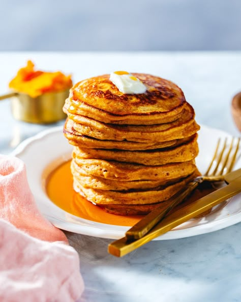 These sweet potato pancakes are so fluffy, moist and flavorful, they've moved to the top of our favorites list! The ultimate way to transform leftover sweet potatoes into a satisfying breakfast. #sweetpotatopancakes #sweetpotato #sweetpotatorecipe #pancakes #pancakerecipe #breakfast #breakfastidea Sweet Potato And Egg Pancake, Fluffy Potato Pancakes, Leftover Sweet Potatoes, Sweet Potato Pancakes Vegan, Sweet Potato Pancake, Sweet Potato Pancakes Recipe, Mashed Potato Pancakes, Boiling Sweet Potatoes, Pancakes Vegan