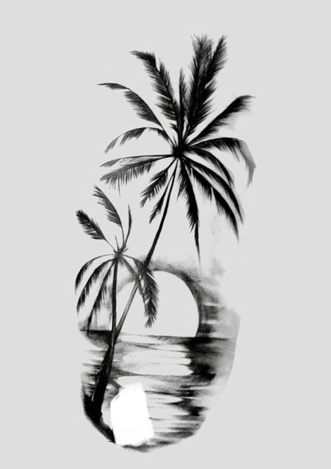 Palm Tattoo Design, Beachy Tattoos, Tattoo Homme, Tropical Tattoo, Palm Tree Drawing, Half Sleeve Tattoos Forearm, Island Tattoo, Scene Tattoo, Sunset Tattoos