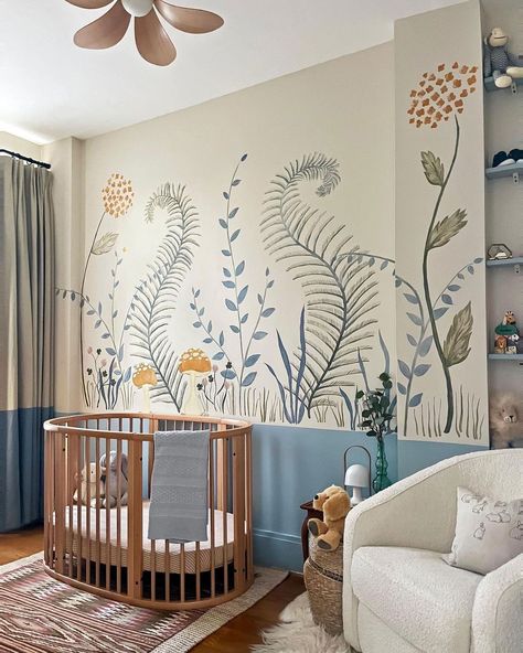 BABY ROOMS INSPIRED BY NATURE AND THE OUTDOORS - Kids Interiors Baby Nursery Murals, Apartment 2023, Oval Crib, Fine Paints Of Europe, Nursery Interior, West Elm Kids, Nursery Mural, Unisex Nursery, Baby Room Inspiration