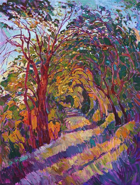 California oaks expressionist landscape oil painting by Erin Hanson American Impressionism, Erin Hanson, Contemporary Impressionism, Western Landscape, Dappled Light, Oak Trees, Impressionism Art, Hiking Trail, Plein Air Paintings