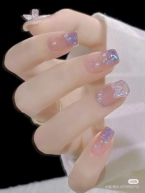 Kokomi Nails, New Year Nails, Summer Nail Ideas, Gel Nail Strips, Asian Nails, Gel Nails Diy, Blush Nails, Pretty Gel Nails, Pearl Nails