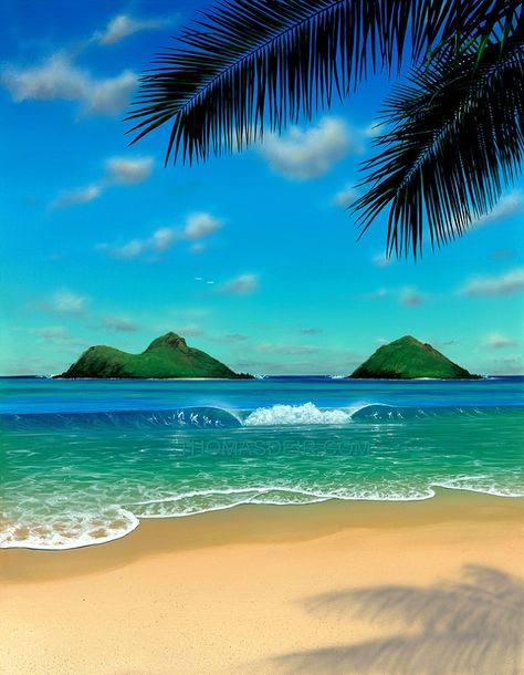 Hawaii Painting Beach Scene Paradise Beautiful Beach Paintings, Hawaii Beach Painting, Seascapes Art Beach Scenes, Hawaii Painting Ideas, Beach Scenes Photography, Painting Beach Scenes, Sea Beach Painting, Tropical Beach Painting, Hawaii Art Print