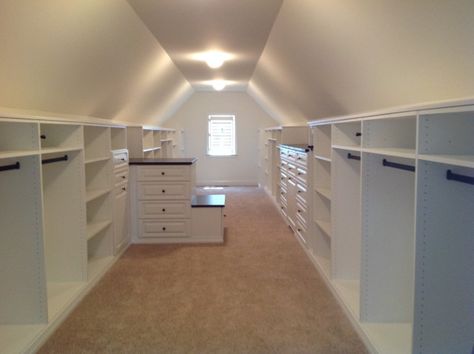 Vaulted Ceiling Closets - American Traditional - Chicago - by Closet Organizing Systems | Houzz Angled Ceiling Closet, Slanted Ceiling Closet, Sloped Ceiling Closet, Attic Closet Ideas, Closet Attic, Attic Master Suite, Small Walk In Closet, Suite Bedroom, White Shutters