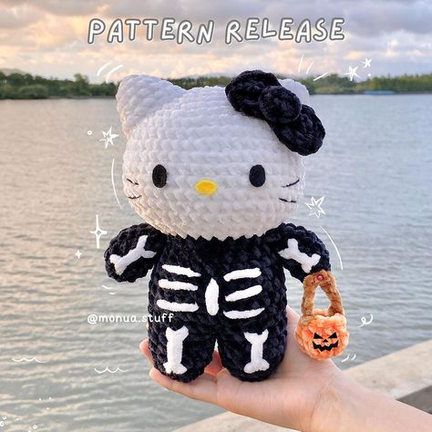 ˚｡ ⋆୨ hello kitty skeleton ฅ^._.^ฅ Crochet pattern on my Ko-fi and Ravelry shop (links in bio) DM me if you want to purchase this cutie… | Instagram Cute Hello Kitty Art, Halloween Hello Kitty Crochet, Crochet Patterns Hello Kitty, Halloween Things To Crochet, Free Hello Kitty Crochet Patterns, Amigurumi Free Pattern Halloween, Crochet Ideas Halloween, Crochet Plushie Pattern Free, Easy Quick Crochet Patterns