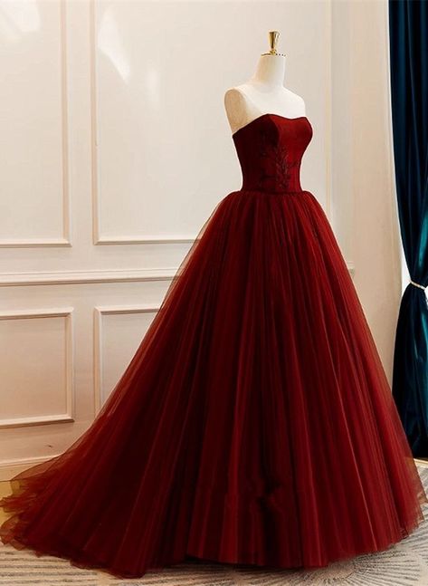 Wine Red Dress Long Evening Gowns, Red Princess Prom Dress, Red Prom Dress Princess, Wine Red Dresses Long, Red Princess Dress, Dark Red Dress, Red Ball Gown, Party Wear Gowns, Dark Red Dresses