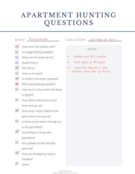 15 Questions to Ask Before Renting an Apartment - Family Makes Cents Moving To An Apartment Checklist, Moving Out For The First Time Checklist Apartments, First Time Apartment Checklist Renting, List Of Things You Need When Moving Out, Move Out Checklist First Time, Things To Ask When Renting An Apartment, Apartment First Time, Renting Apartment Tips, Apartment Planning Checklist