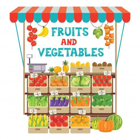 Green grocer shop with various fruits an... | Premium Vector #Freepik #vector #food #kids #green #man Green Grocer, Different Kinds Of Fruits, Vegetable Shop, Vegetable Design, Farm Games, Kinds Of Fruits, Fruit Shop, Dollhouse Printables, Vector Food