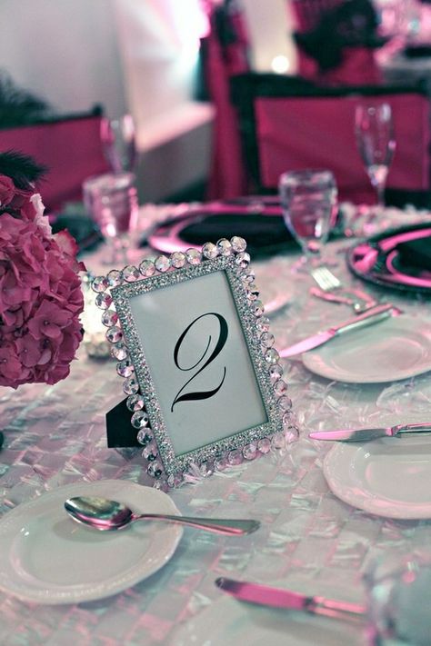 Hot Pink Wedding Picture Table, Hot Pink Weddings, Bride Pictures, Bling Wedding, Plan My Wedding, Wedding Table Centerpieces, Deco Table, Wedding Table Numbers, Fairytale Wedding