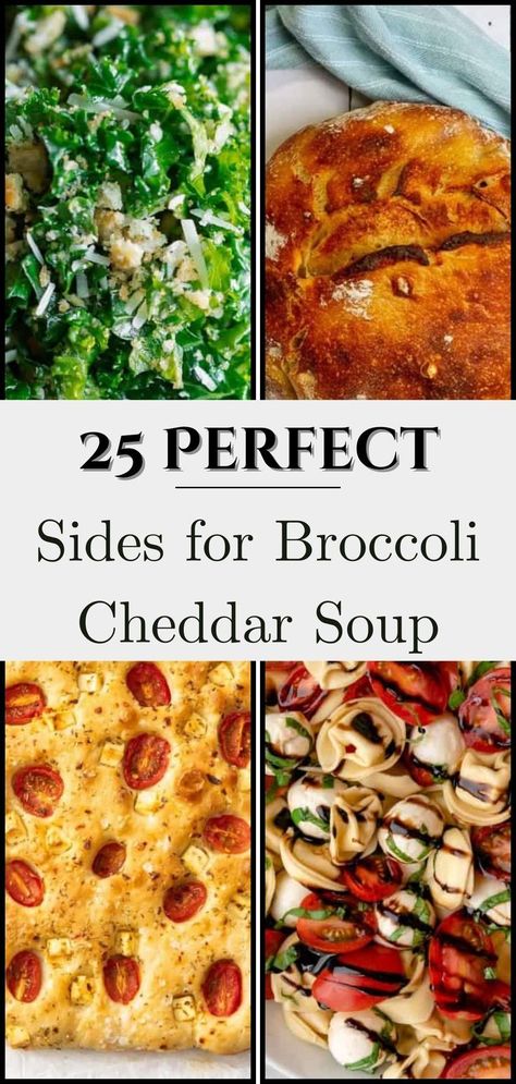 collage of sides that go with broccoli cheese soup Soup Pairings, Side Dish Ideas, Soup For Dinner, Best Sides, Avocado Salad Dressing, Toasted Ravioli, Potato Pasta, Vegan Grilling, Dish Ideas