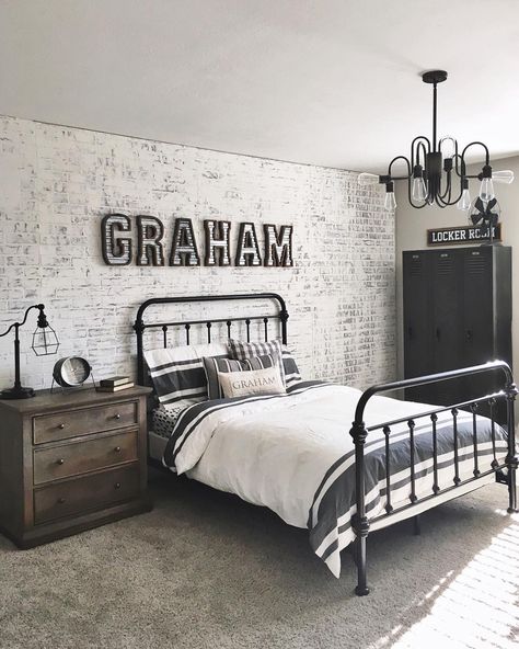 A sneak peek into Graham’s big boy room! I knew I wanted to create a city loft feel to his room and my favorite part is this faux brick… Gray Room Accent Wall, Accent Wall Teen Boy Bedroom, Toilet Next To Vanity, Boys Gray Bedroom Ideas, Teen Boy Accent Wall, Boys Industrial Bedroom Ideas, Teen Boy Bedroom Wall Ideas, Boys Bedroom Wall Ideas, Pre Teen Boys Room Bedroom Ideas