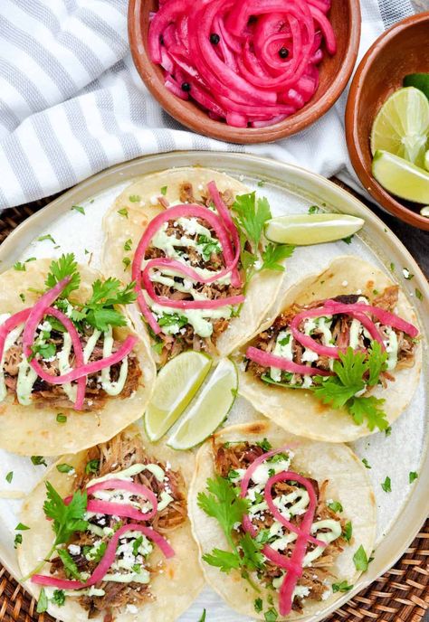 Ultimate Taco Topping Recipes: Avocado Crema and Pickled Onions - California Grown Recipes Using Pickled Onions, Gourmet Tacos Recipes, Recipes With Pickled Onions, Fancy Nachos, Tacos With Pickled Red Onions, California Tacos, California Recipes, Texas Recipes, Fiesta Night