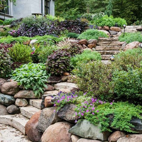 Yard Layout, Backyard Hill Landscaping, Rock Fence, Sloped Backyard Landscaping, Landscaping A Slope, Hill Garden, Landscaping On A Hill, Sloped Yard, Hillside Garden