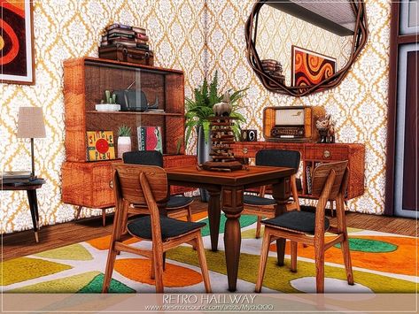 Family Laundry Room, Retro Hallway, Acacia Flooring, 1960s Interior, Sims 4 Decades Challenge, 70s Furniture, House Bedroom Ideas, Mid Century Bar, Rich Family