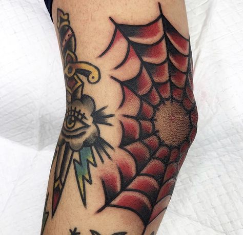 Elbow Trad Tattoo, Red Spider Web Tattoo, Spiderweb Knee Tattoo Traditional, American Traditional Black Widow Tattoo, Elbow Tattoo Men Traditional, Spiderweb Filler Tattoo, Traditional Web Tattoo, Elbow Web Tattoo, Red Traditional Tattoo