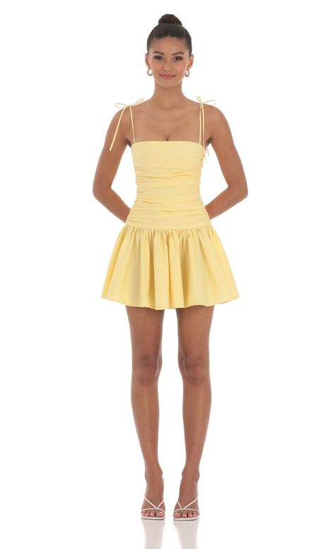 Ruched Fit and Flare Dress in Yellow | LUCY IN THE SKY Fluttershy Dress, Yellow Hoco Dress, Rush Week Outfits, Sorority Recruitment Outfits, Semi Dresses, Rush Outfits, Cute Formal Dresses, Recruitment Outfits, Cute Homecoming Dresses