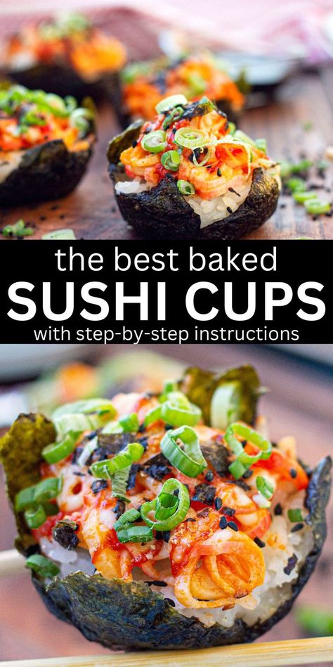 Baked Sushi Cups, Sushi Cups Recipe, Sushi Bake Cups, Sushi Muffins, Baked Sushi Recipe, Sushi Cups, Baked Sushi, Sushi Recipes Homemade, Seafood Sushi