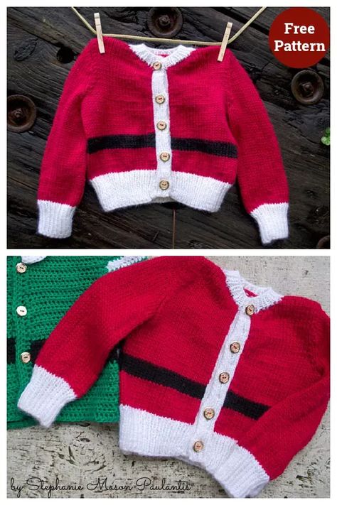 Santa Baby Sweater Free Knitting Pattern Bernat Patterns, Christmas Knits, Knitting Christmas, Christmas Knitting Patterns Free, Baby Santa, Santa Sweater, Crochet Baby Sweaters, Doll Items, Baby Boy Knitting Patterns