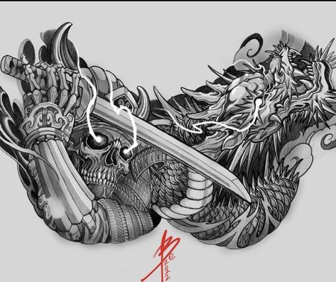 Samurai And Dragon, Chest Tattoo Japanese, Chest Tattoo Men Ideas, Tato Geisha, Ghost Samurai, Tattoo Men Ideas, Blitz Tattoo, Samurai Tattoo Sleeve, Chest Tattoo Drawings