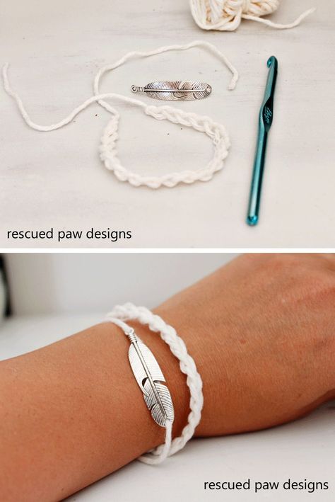 Crochet Bracelet Pattern - Rescued Paw Designs Crochet A Bracelet, Feather Crochet, Diy Crochet Bracelet, Crochet Bracelet Tutorial, Crochet Feather, Crochet Bracelet Pattern, Bracelet Crochet, Crochet Mask, Winter Crochet