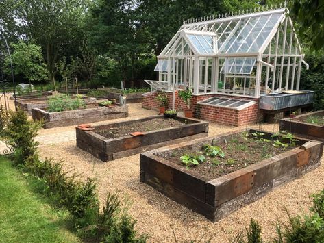 Greenhouse And Raised Bed Layout, Raised Beds Greenhouse, Kitchen Garden With Greenhouse, Luxury Raised Garden Beds, Oak Raised Beds, Large Raised Bed Garden, Greenhouse And Raised Beds, Patio And Raised Beds, Kitchen Garden Raised Beds