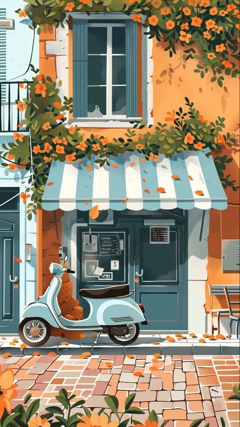 Italy Cartoon Illustrations, Italy Street Drawing, Cafe Paintings Art, Cafe Illustration Art, Italian Vibes Aesthetic, Vespa Wallpaper, Italian Images, Italian Background, Italy Vespa