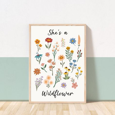 She's a wild flower print, girls wildflower prints, wildflower, flower prints, nursery decor, floral decor, childrens prints 💌 Product details  ⚡️UNFRAMED unless specified  ⚡️No digital downloads  ⚡️Sizing available A5 - A1  ⚡️Printed on matte white professional art paper or card, thickness varies on size of print and location of buyer. All orders outside the U.K. are printed on off white matte art paper  ⚡️Colours may vary due to screen resolutions  ⚡️Please don't leave date requests at checko Wildflower Toddler Girl Room, Wildflower Girls Room, Rainbow Toddler Room, She's A Wildflower, Flower Bedroom, Toddler Girl Room, Professional Art, Don't Leave, Boho Rainbow