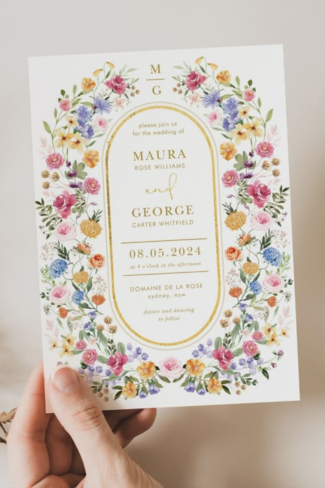 colorful wildflower wedding invitation card held in hand Wildflower Wedding Theme, Wildflower Wedding Invitations, Bright Wedding, Personalised Wedding Invitations, Future Wedding Plans, Garden Party Wedding, Wildflower Wedding, Wedding Mood, الرسومات اللطيفة