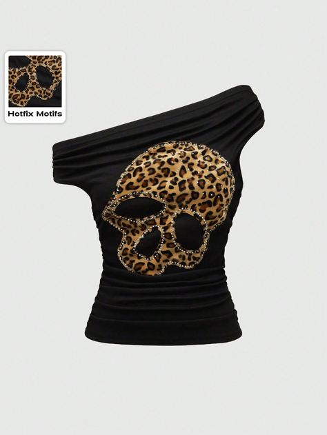 Women's Sexy Asymmetrical Neck Leopard Print Skull Slim Fit T-Shirt, School Black Casual  Short Sleeve Fabric Colorblock,Leopard Print,Textured Pattern  Medium Stretch  Women Clothing, size features are:Bust: ,Length: ,Sleeve Length: Zebra Print Clothes, Skull Applique, Cheetah Print Outfits, Sinful Clothing, Plus Size Y2k, Bleaching Clothes, Emo Shirts, Mcbling Fashion, Women Skeleton