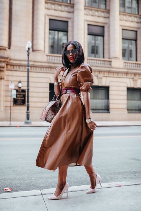 A chic way to wear leather Brown Leather Dress Women, Brown Leather Dress Outfit Winter, Faux Leather Outfits For Women, Leather Dress Outfit Winter, Leather Dress Outfit Ideas, Leather Top Outfit Ideas, Faux Leather Top Outfit, Brown Leather Dress Outfit, Faux Leather Dress Outfit