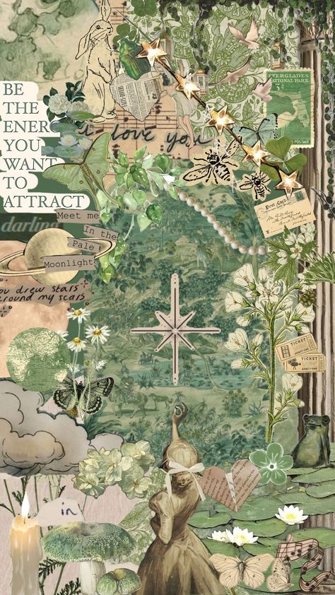 #fantasy #fairycore #vintage #nature #aesthetic #like #green Vintage Nature Aesthetic, Collage Reference, Sage Green And Pink, Wallpaper Collages, Wallpaper And Widgets, Collage Stickers, Journaling Paper, In The Pale Moonlight, Mixed Media Collage Art