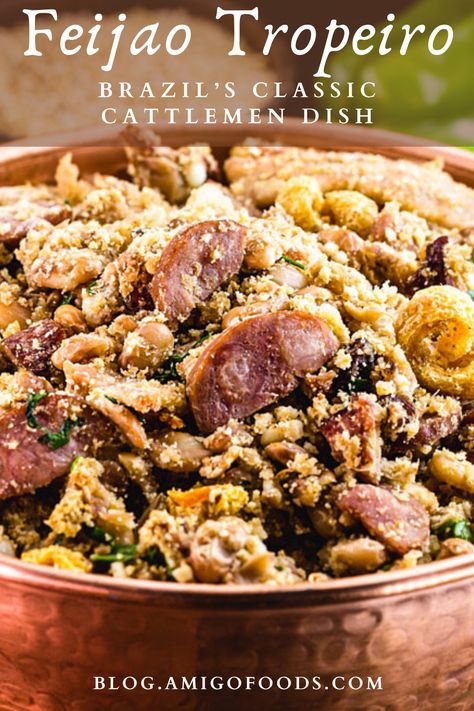 Feijao tropeiro is a classic Brazilian dish introduced by tropeiros, troops of cattlemen, in the 17th century. Tropeiros loved it for its simplicity. Modern variations have become complex, but the original recipe was a simple meal that consisted of dried meat cuts, cassava flour, and beans. #brazilianfood #brazil #feijao #amigofoods Brazilian Beans Recipe, Cassava Recipe, South American Dishes, Coco Puffs, Dried Meat, Brazilian Recipes, Brazilian Dishes, South American Recipes, Latin Recipes