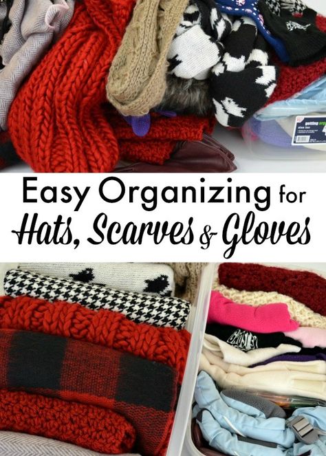 A quick and easy tip to organize hats, scarves and gloves. All you need is a few minutes! | Ask Anna Winter Hat Glove Scarf Storage, Organizing Hats And Gloves Winter Gear, Organize Winter Hats And Gloves, Hats And Gloves Storage Ideas, Winter Scarf Storage, Winter Gear Organization, Organize Hats, Fiberglass Shower Stalls, How To Store Scarves