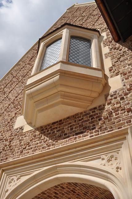 cast stone bay window Oriel Window, Tudor Architecture, Stone Homes, Tudor Revival, Revival Architecture, Building Designs, Cast Stone, Stone Houses, Brick And Stone