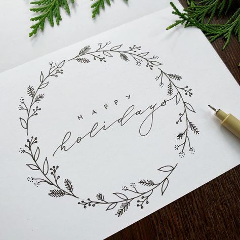 Handmade card, floral illustration, floral wreath, botanical line drawing, Christmas card, leaves drawing, wreath drawing Wreaths Drawing, Line Drawing Christmas, Christmas Cards Drawing, Leaves Drawing, Botanical Wreath, Drawing Christmas, Botanical Line Drawing, Christmas Calligraphy, Couple Drawing