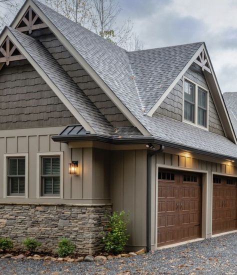 Redwood House Exterior, Exterior Paint Colors With Stone Accent, Brown Trim Exterior House, Dark Tan Exterior House Colors, House Exterior Stone And Siding, Wide Siding Exterior, Exterior Window Colors, Vertical Siding Exterior Color Schemes, Painted House Foundation