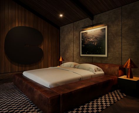 Rich brown and black tones grant a dramatic monochromatic play. Ellsworth Kelly, Bachelor Pad, Room Aesthetic, Ivy, Residential Design, Bed Design, Bedroom Design, Table Lamp, Bedroom