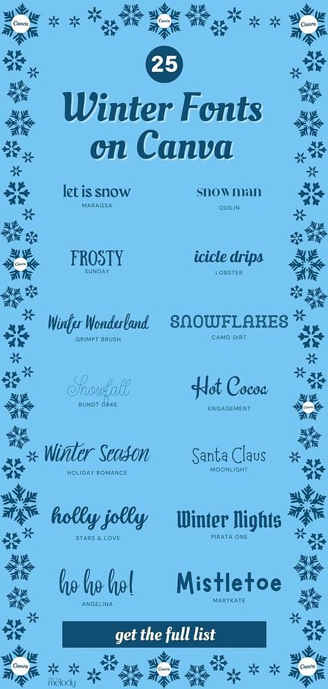 Cozy up your designs with 25 best winter fonts on Canva. Whether you're working on holiday cards, Pinterest pins, or a custom Christmas menu, these fonts will add the perfect touch of winter magic. Find more Christmas fonts, holiday fonts, winter fonts, and Best Canva Fonts & Most Popular Canva Fonts at madebymelody.co. Fall Fonts Canva, College Font Canva, Autumn Fonts Canva, Canva Holiday Fonts, Fall Canva Fonts, Christmas Fonts Canva, Canva Winter Elements, Canva Christmas Fonts, Cozy Fonts