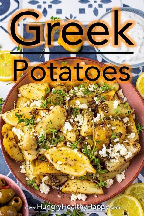 There are roast potatoes, and then there are roast Greek Potatoes. This recipe is next level. Delicious new potatoes coated in olive oil, lemon juice and greek herbs and baked to perfection before getting a sprinkling with feta and fresh thyme. This easy side dish is a perfect addition to any BBQ or picnic this summer.  #potatoes #sidedish #bbq #greekrecipe Crockpot Greek Potatoes, Greek Bbq Recipes, Greek Potatoes Recipe Air Fryer, Recipes With Fresh Thyme, Greek Cheeses, Summer Potatoes, New Potatoes Recipes, Greek Bbq, Greek Potatoes