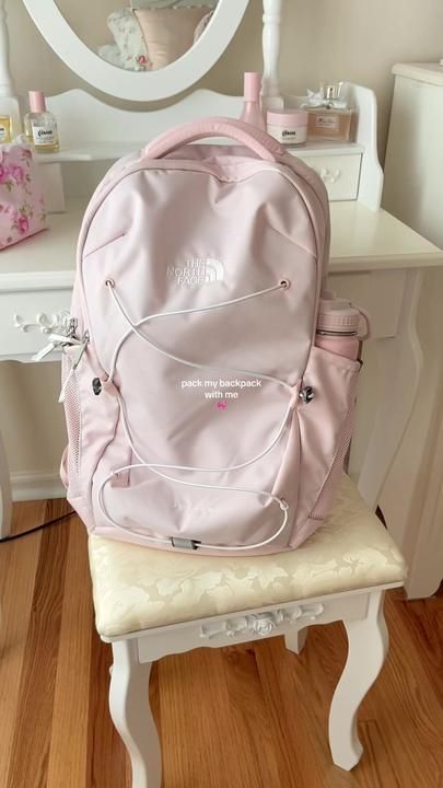 Keanni on TikTok School Backpack Outfit, Pink North Face Backpack, North Face Backpack School, Pink School Bags, Cute Backpacks For School, School Backpack Essentials, Preppy School Supplies, Pretty School Supplies, Preppy Backpack