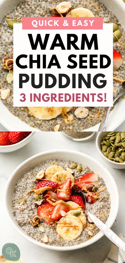 This warm chia pudding recipe is made with only 3 pantry staple ingredients in under 10 minutes! Thick, creamy and can be made in many different flavours to change it up. It's the perfect high protein plant based breakfast that will keep you satisfied for hours! Warm Chia Seed Pudding, Chai And Flax Seed Recipes, Chia Breakfast Bowl, Warm Chia Pudding Breakfast, Hot Chia Pudding Breakfast, Chia Bowl Breakfast, Warm Chia Pudding, Chia Seed Pudding High Protein, Chia Breakfast Recipes