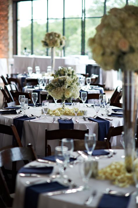 Reception Table Decor | White Rose and Hydrangea Centerpieces | White Table Linens | Navy napkins | Premiere Party Central | Omni Barton Creek Resort and Spa | Bouquets of Austin | Fernando Weberich Photography | Pearl Events Austin Blue Silver Weddings, Hydrangea Centerpiece, Reception Table Decorations, Wedding Table Linens, Wedding Colors Blue, Navy Blue Wedding, Wedding Linens, Wedding Table Decorations, Navy Wedding