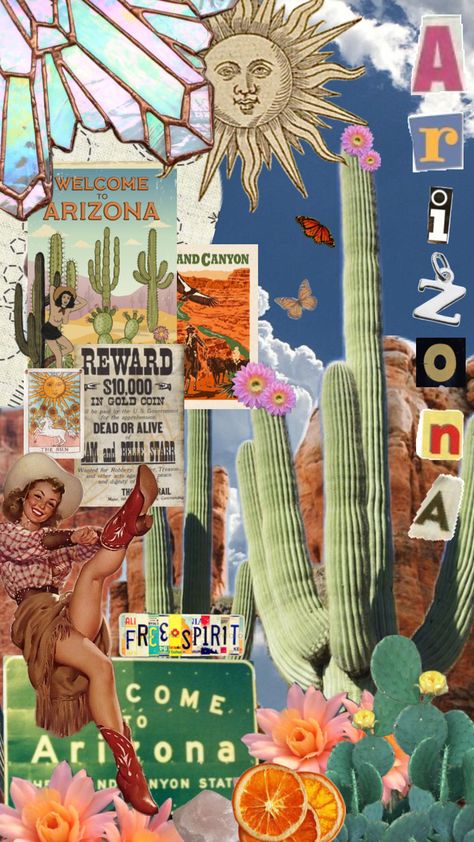 #arizona #desertaesthetic #desert #collageart #aesthetic #cowgirl #cowgirlaesthetic Retro Western Aesthetic, Pretty Phone Backgrounds, Aesthetic Cowgirl, Arizona Aesthetic, Southwest Vibes, Desert Aesthetic, Collage Board, Cowgirl Aesthetic, Desert Vibes