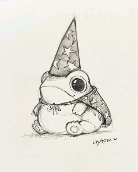 Good Sketches Pencil, Magic Sketches Ideas, Mushroom With Frog Drawing, Magical Drawings Ideas, Cute Cartoon Frog Drawing, Ghost Frog Drawing, Round Frog Drawing, Cute Drawings Frogs, What To Draw With A Pen