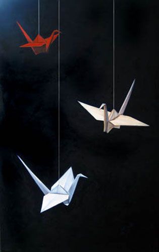 Jeanne Vadeboncoeur Art: Origami - Three Flies Up Origami Crane Wallpaper, Josh Art, Paintings Realism, Origami Drawing, Realism Still Life, Origami Illustration, Lucy Campbell, College Drawing, Paper Rabbit