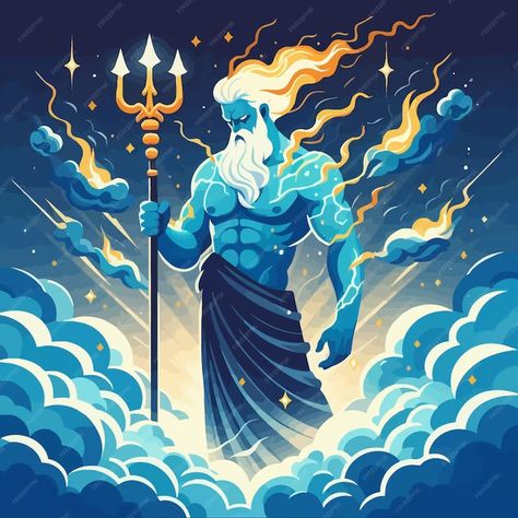 Premium Vector | A flat design of zeus with thunder and clouds Mythology Illustration, Greek Myth, Greek Myths, Business Card Maker, Poster Maker, Flyer Maker, Card Banner, Poster Invitation, Presentation Template Free