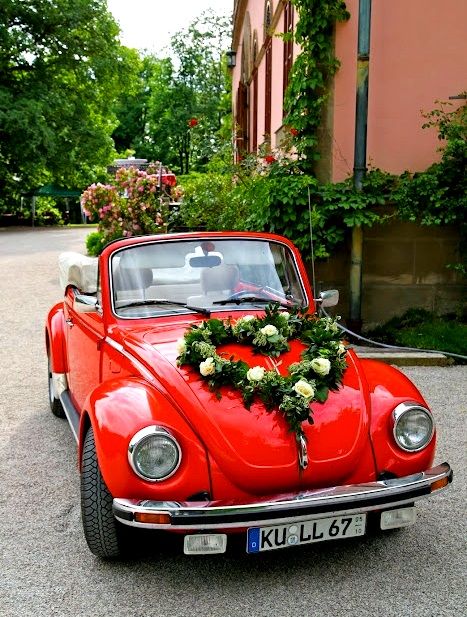 Red Beetle  Valentine's Vehicles  www.LindsayVolkswagen.com #Volkswagen #LoveItAtLindsay #HappyValentinesDay Prom Car, Wedding Car Deco, Red Beetle, Bridal Car, Funky Wedding, Wedding Car Decorations, Wedding Transportation, Car Deco, Wedding Cars