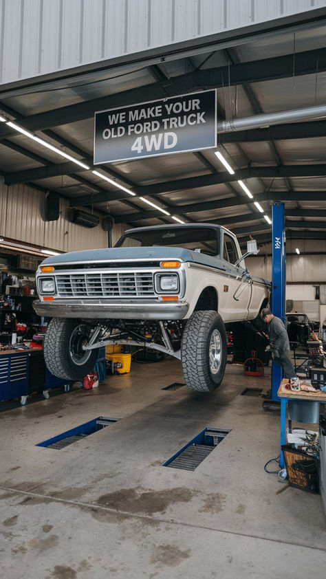 Classic Ford truck on a lift inside a workshop with a sign that reads ‘We Make Your Old Ford Truck 4WD,’ highlighting the 4x4 conversion process. Cowboy Truck, Truck Restoration, Ford Obs, Ford Trucks For Sale, 79 Ford Truck, Old Ford Truck, Obs Ford, Econoline Van, Country Trucks