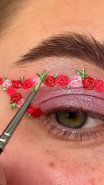 Rose Eye Makeup Art, Valentine’s Day Graphic Liner, Valentines Graphic Eyeliner, Rose Petal Makeup, Rose Makeup Look Flower, Rose Makeup Flower, Valentines Graphic Liner, Valentines Makeup Ideas Creative, Red Rose Makeup