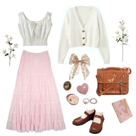 Cute Light Blue Outfits Aesthetic, Summer Cottagecore Dress, Scarlet Outfit Aesthetic, Polyvore Outfits Aesthetic Soft, Cottage Core Pink Outfit, Pink Core Aesthetic Outfits, Pink Hippy Outfit, Light Academia Pink Outfit, Soft Pink Fashion